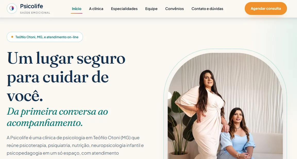 Página inicial do site da Clínica Psicolife, clínica de psicologia em Teófilo Otoni, desenvolvido por Diogo Moreira